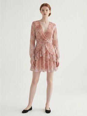 NLW Peachy Pink Marble Floral Print Sheer Ruffles Mini Dress. Soft Girl. Size M